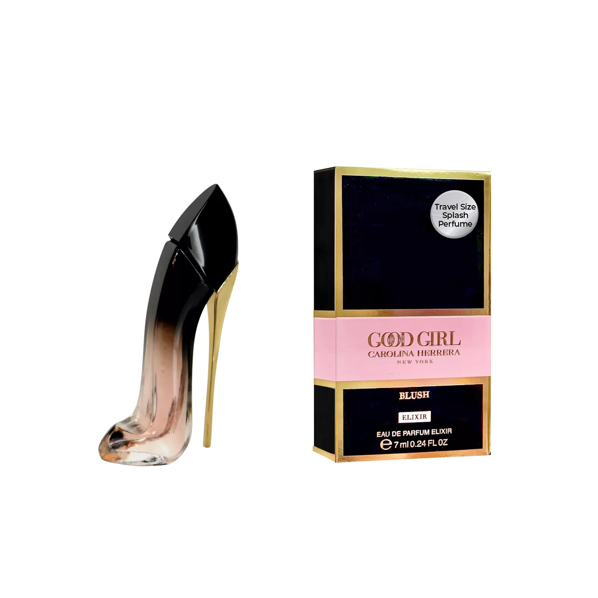 Carolina Herrera Good Girl Blush Elixir bottle, chic and travel-friendly for on-the-go fragrance.