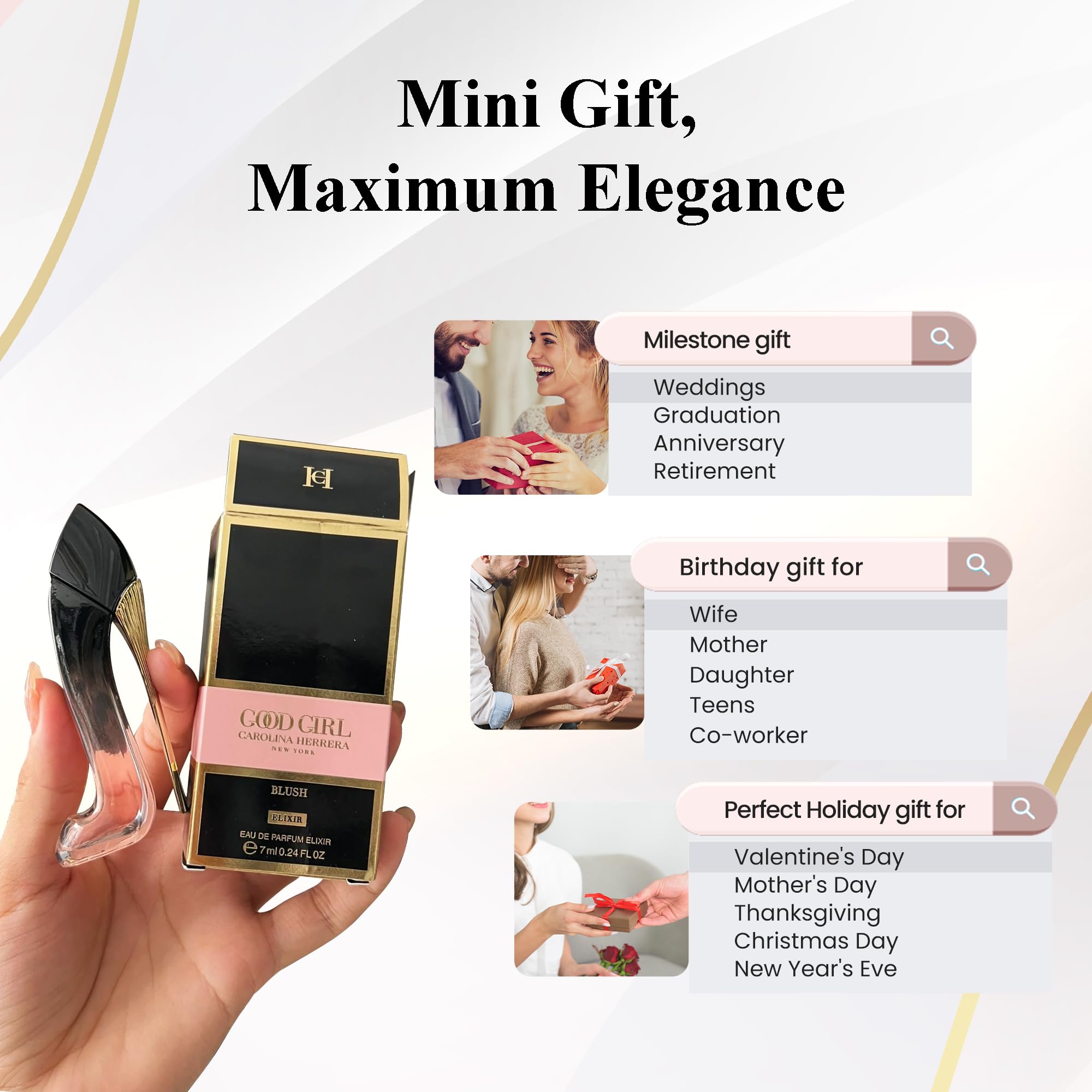 Close-up of Good Girl Blush Elixir packaging with elegant design.