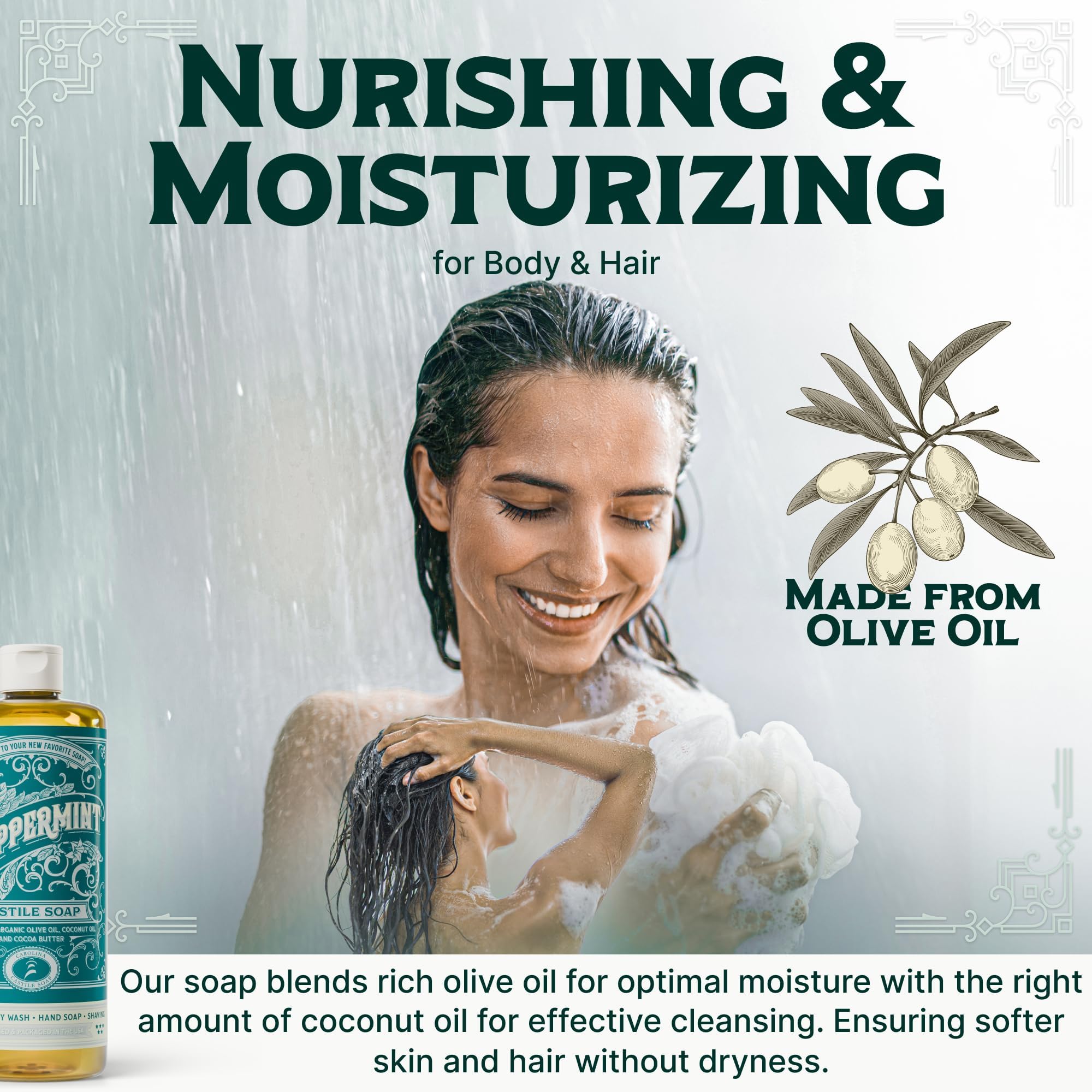 Carolina Castile Soap Aroma Menta muestra aceite de oliva orgánico como ingrediente principal