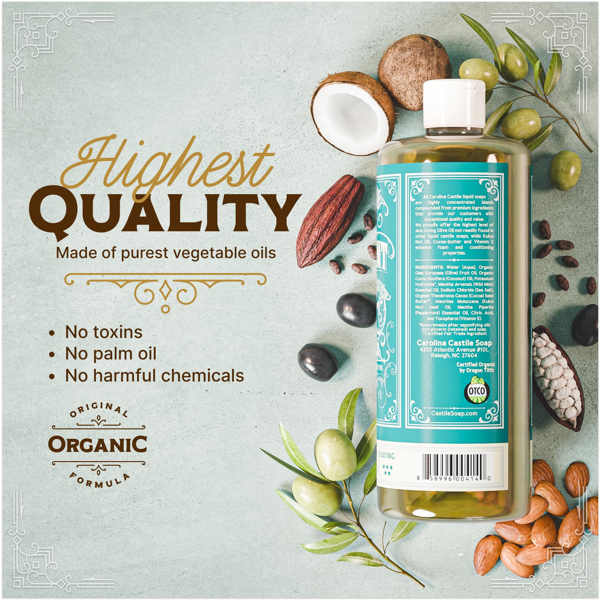 Carolina Castile Soap Aroma Menta ingredientes orgánicos y ausencia de fragancias artificiales