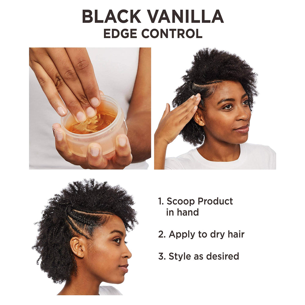 Carol's Daughter Black Vanilla Edge Control on a model's hairline for sleek results