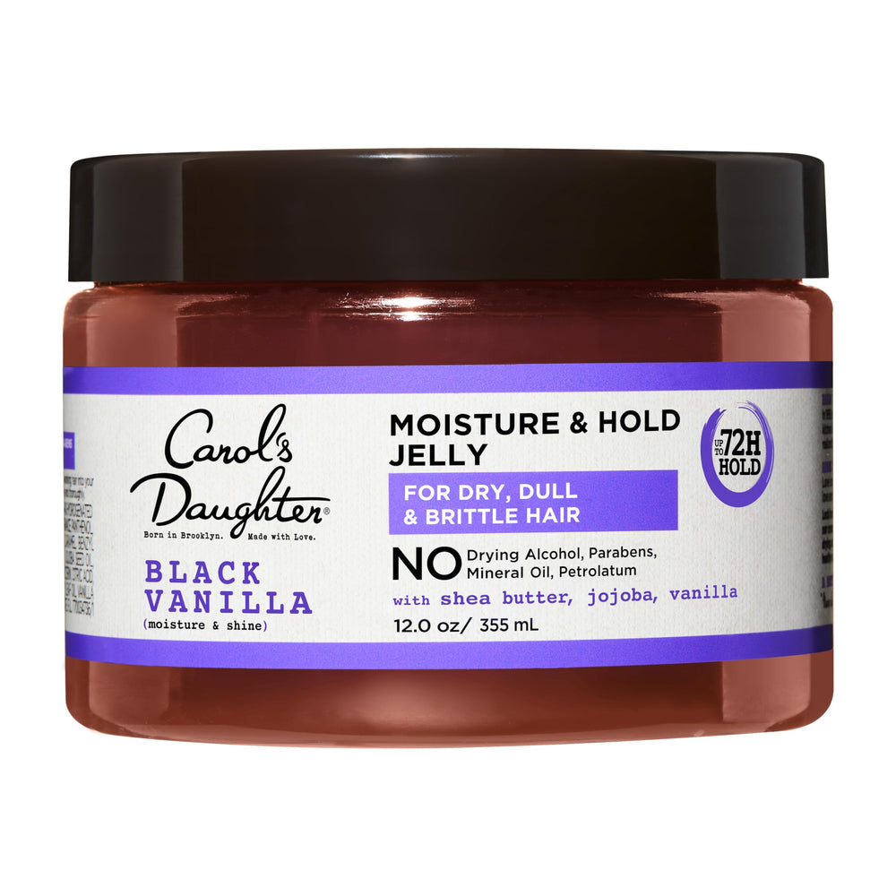Gel hidratante de Carol's Daughter en envase, ofrece brillo y control del frizz.