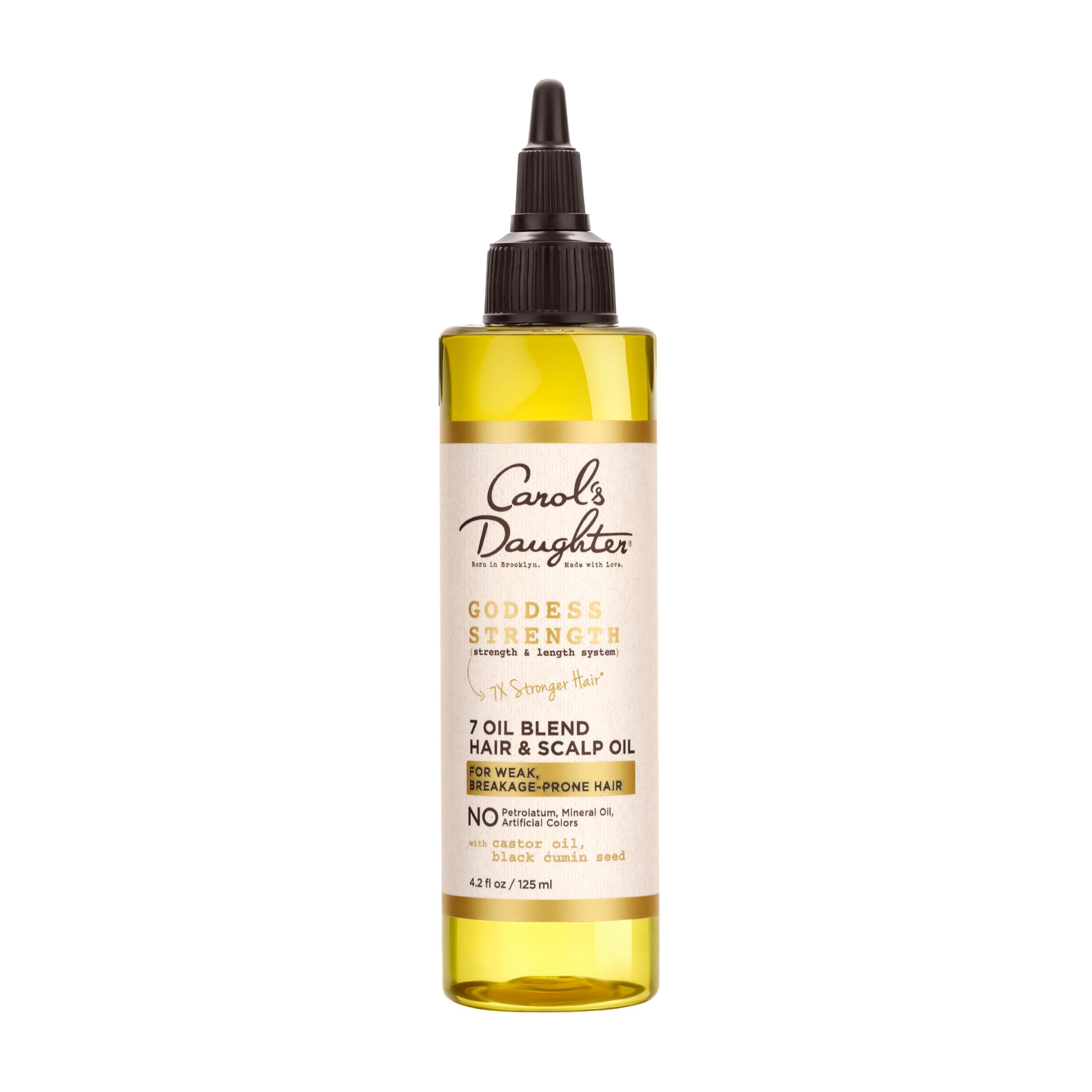 Goddess Strength de Carol's Daughter, botella de aceite para cabello, hidratación suave.