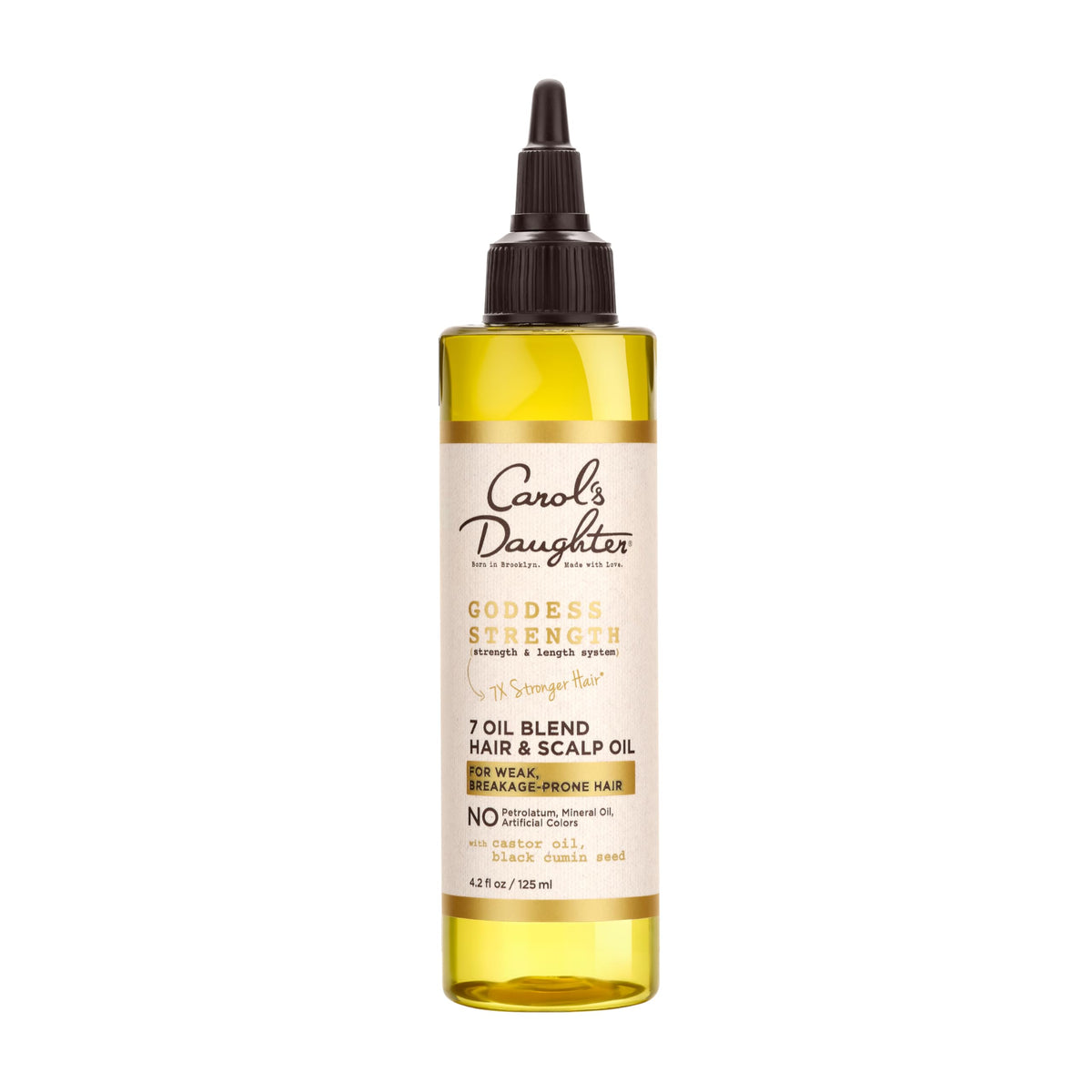 Goddess Strength de Carol's Daughter, botella de aceite para cabello, hidratación suave.