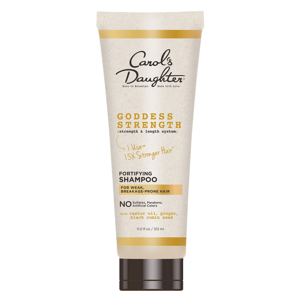 Goddess Strength de Carol's Daughter, botella de champú fortalece cabello débil con aceite de ricino.