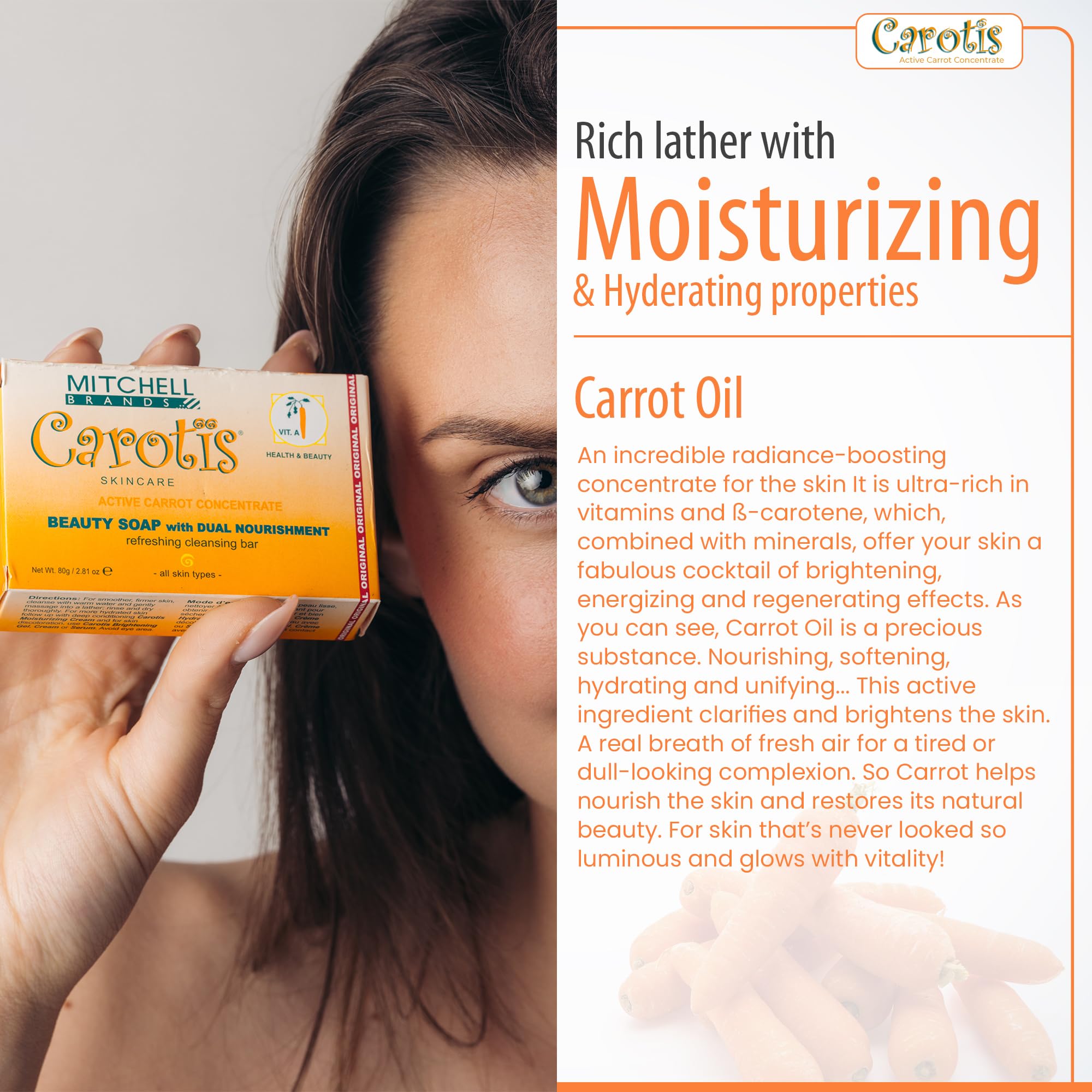 CAROTÏS Jabón vitamina A: suaviza la textura de la piel.