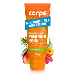Carpe Feminine Care intimate deodorant bottle with pH-balanced formula for external use and odor control.