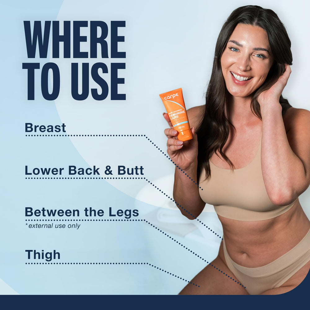 Carpe intimate deodorant applied to external areas for dry, clear wear.