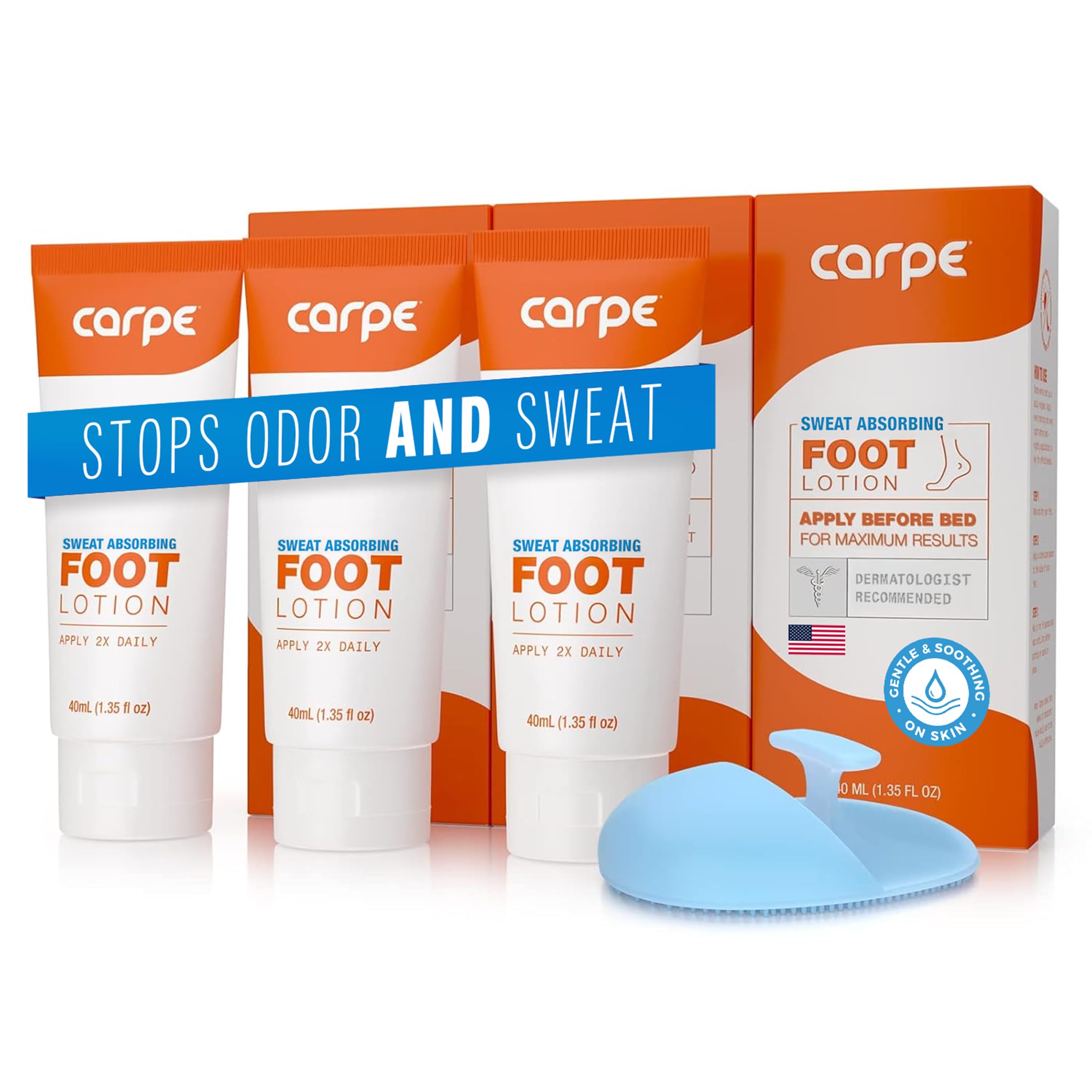 Carpe sweat-absorbing foot lotion packaging showcasing the product bundle