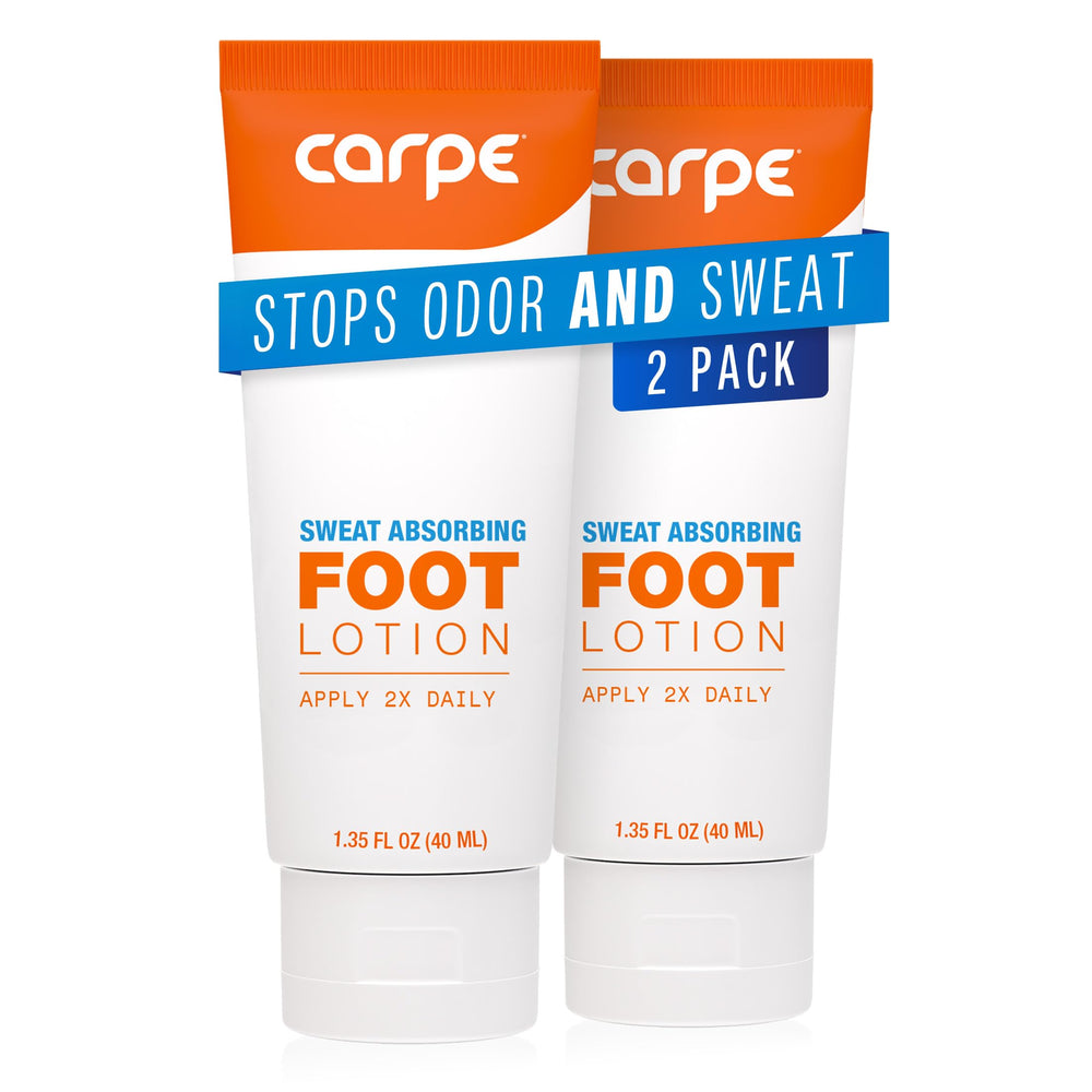 Carpe Sweat Absorbing Foot Lotion bottle helps reduce foot sweat.