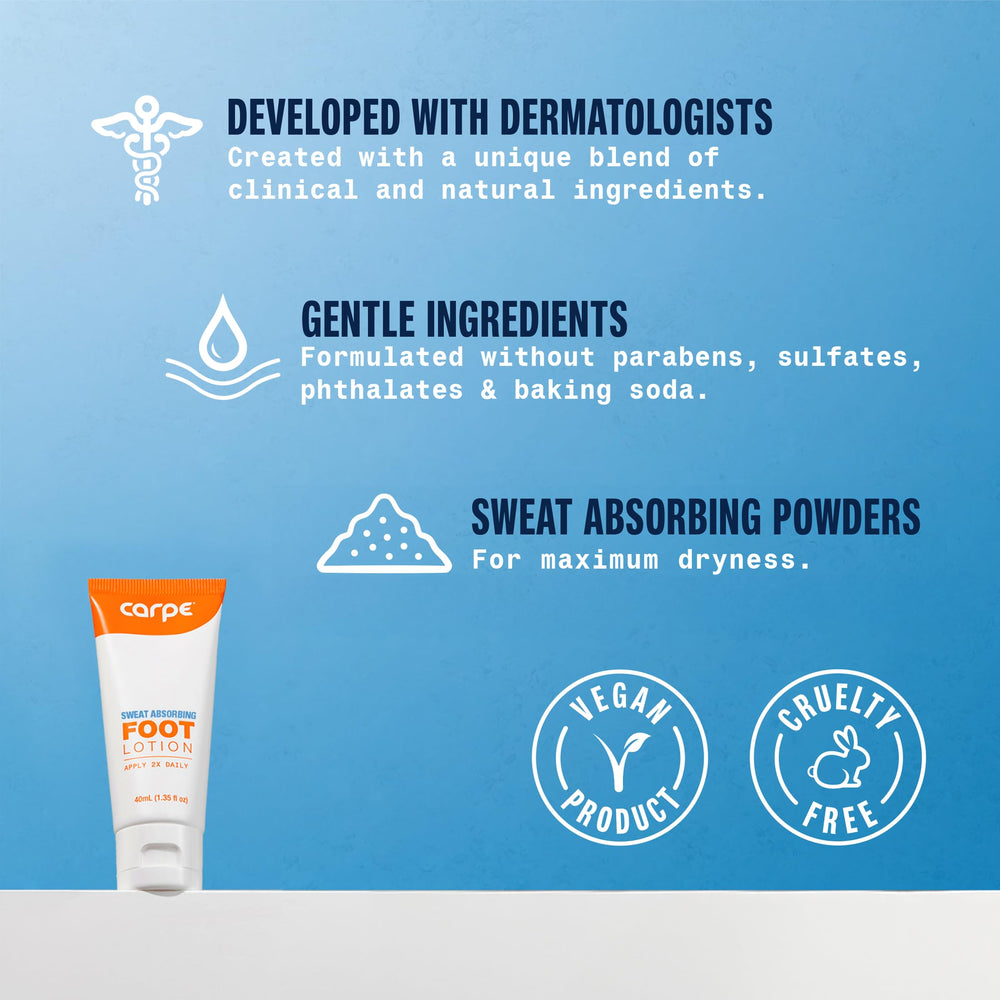 Close-up of Carpe Sweat Absorbing Foot Lotion texture shows quick-drying finish.