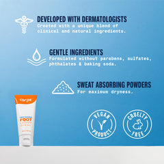 Close-up of Carpe Sweat Absorbing Foot Lotion texture shows quick-drying finish.