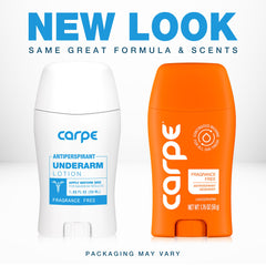 Carpe underarm antiperspirant application shows an easy glide with gentle, fragrance-free protection.