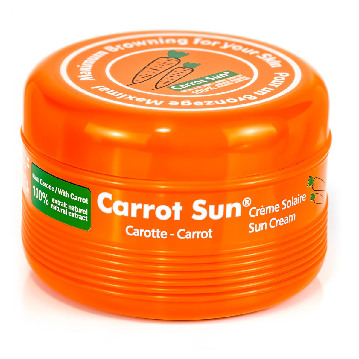 Carrot Sun tanning accelerator bottle ready for quick absorption and bronzed glow.