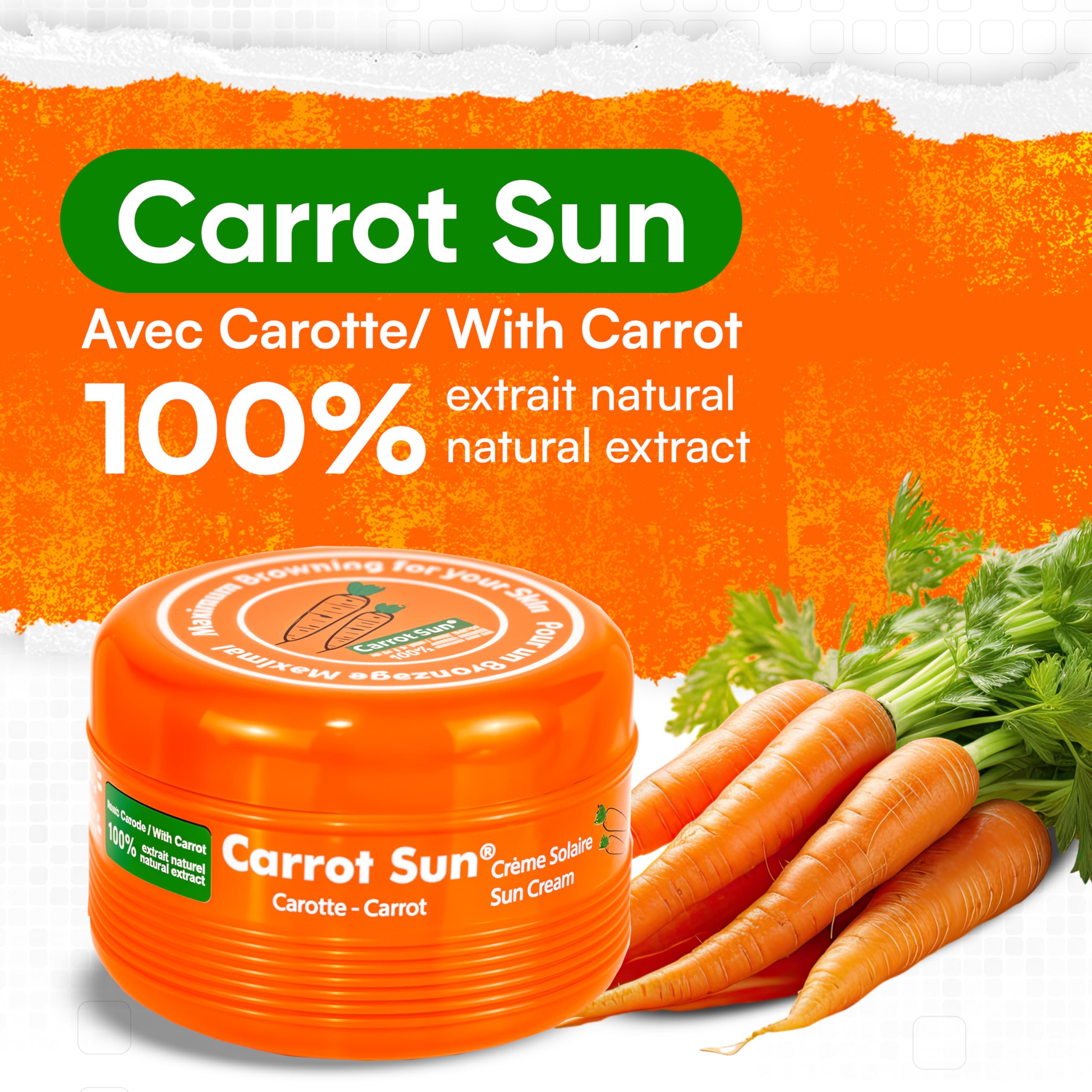 Carrot Sun natural ingredients emphasize skin-friendly formula for all skin types.