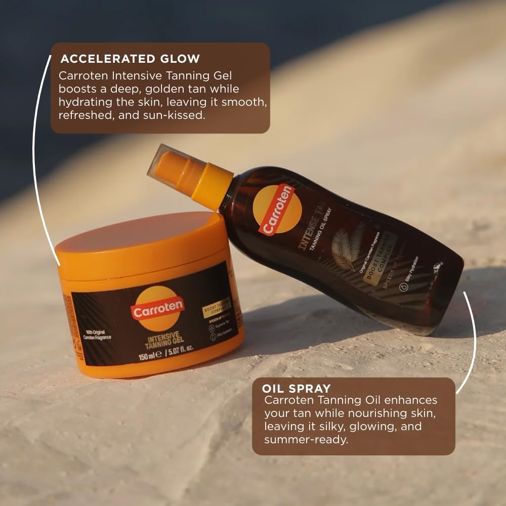 Carroten Tanning Gel packaging shown, Greek-made premium formula.