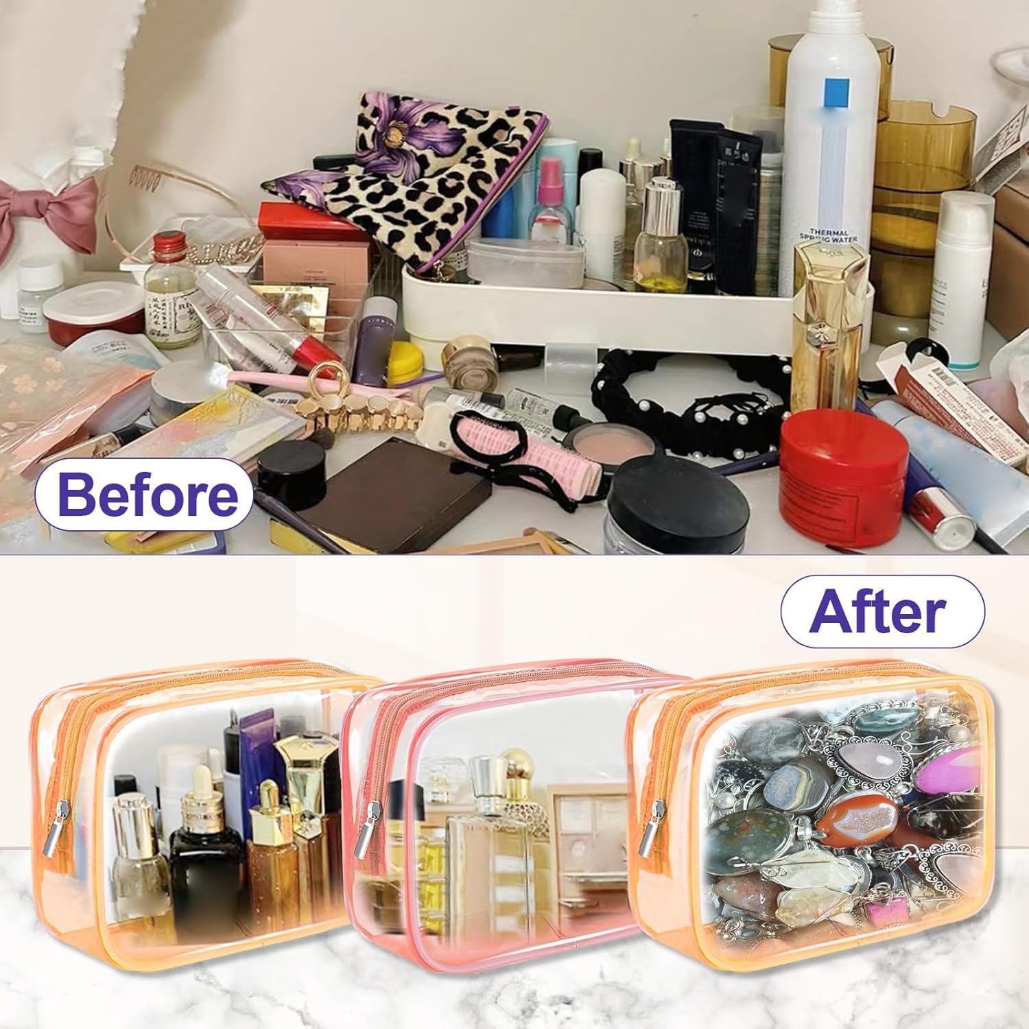CarryEpic clear makeup bag orange transparent design for quick security checks