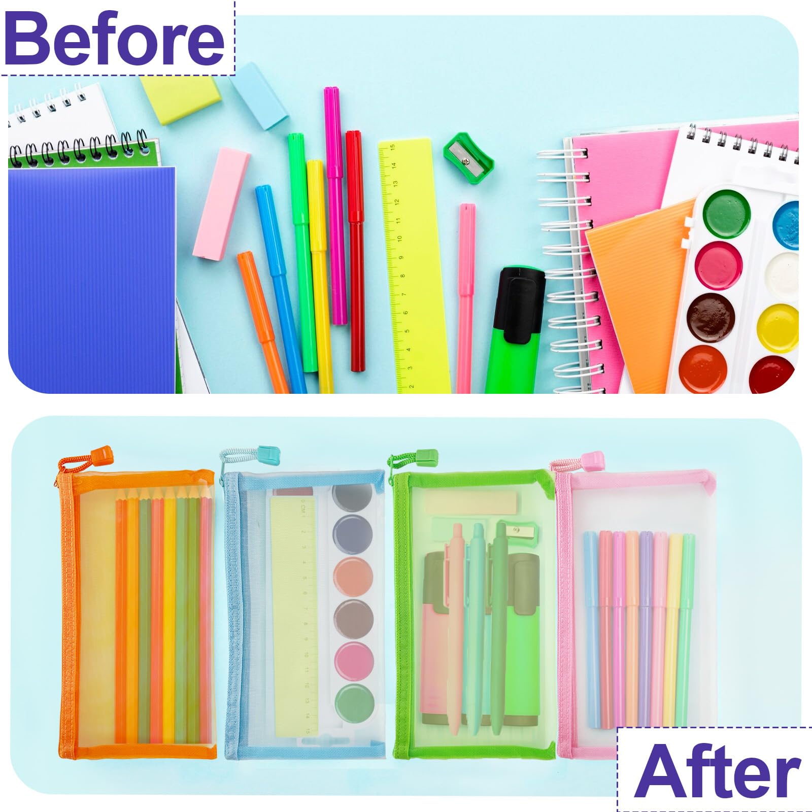 CarryEpic mesh pouches in multiple colors add style while organizing cosmetics.