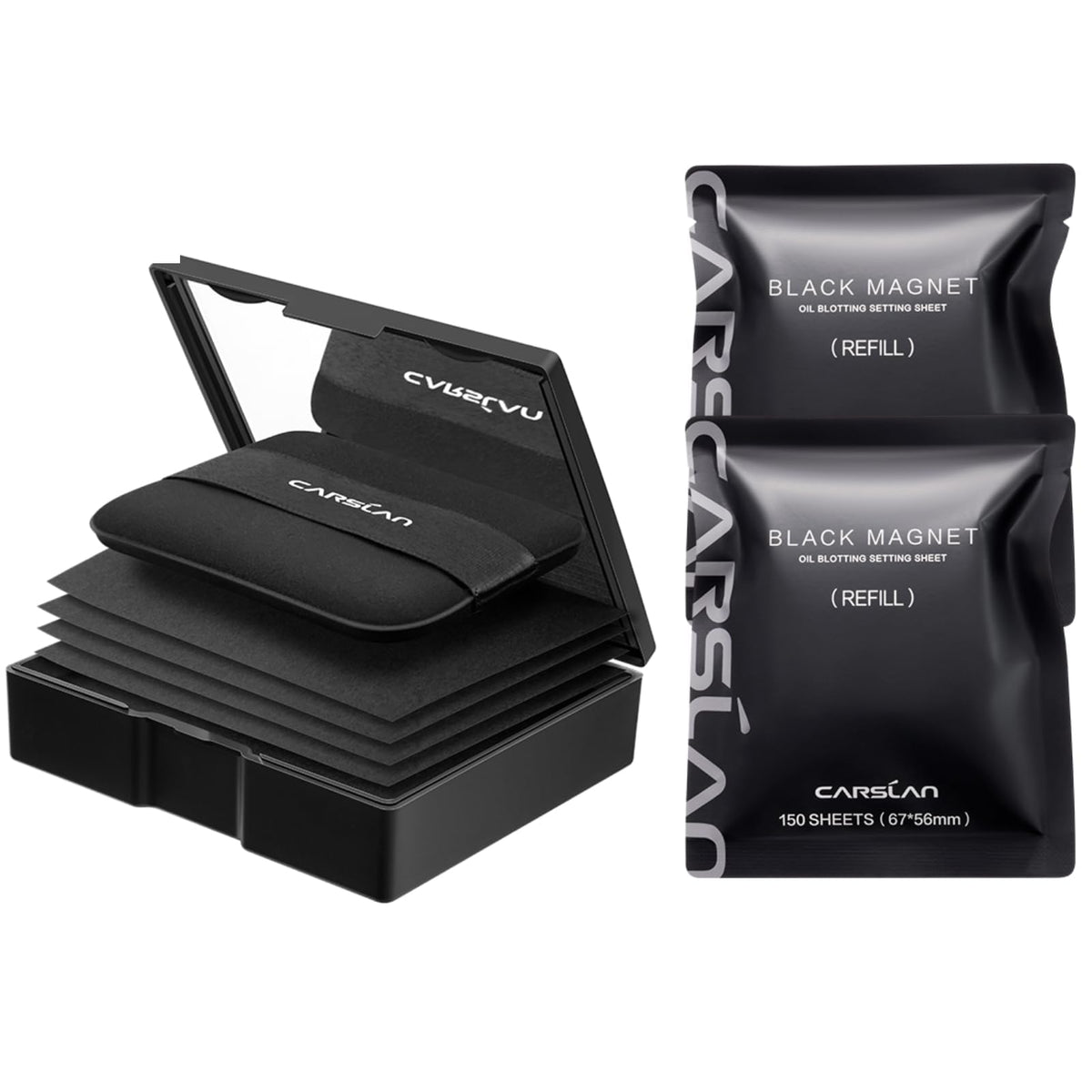 CARSLAN blotting paper with powder in compact for quick matte touch-ups.
