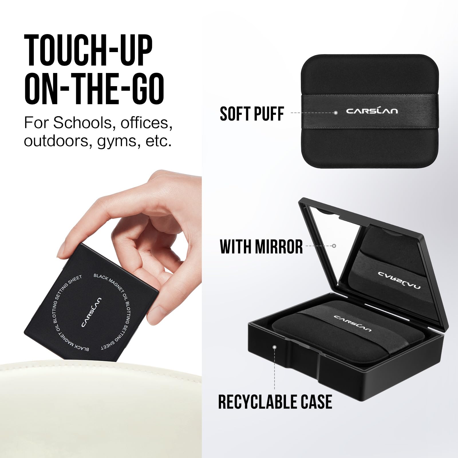 CARSLAN portable compact includes mirror and puff for on-the-go refresh.