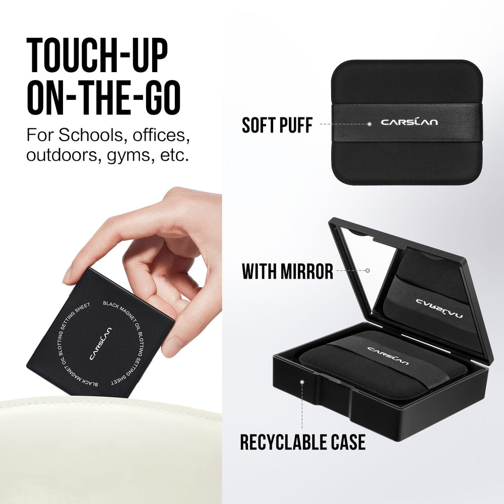 CARSLAN portable compact includes mirror and puff for on-the-go refresh.