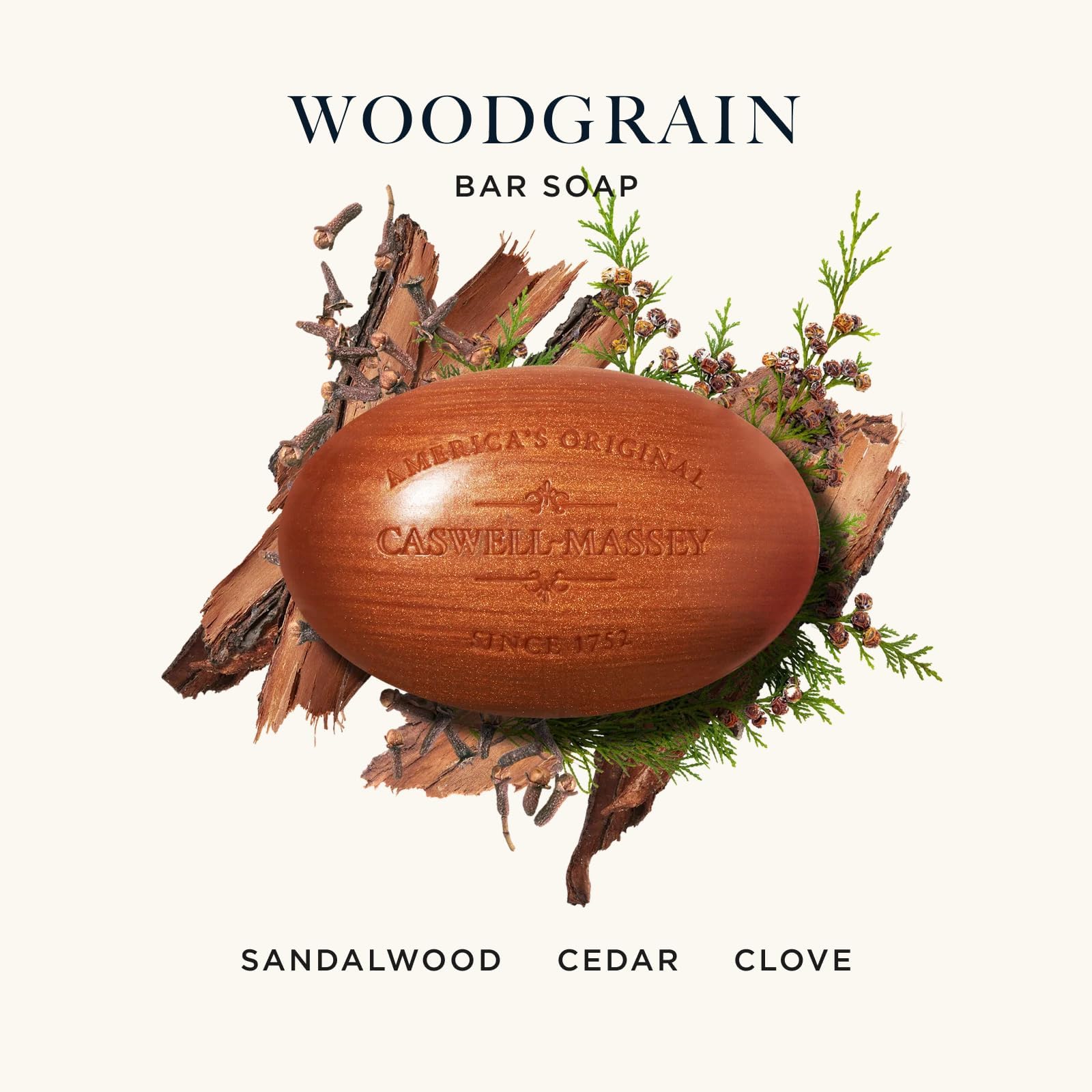 Caswell-Massey Heritage Woodgrain Sandalwood soaps close-up showing triple-milled texture