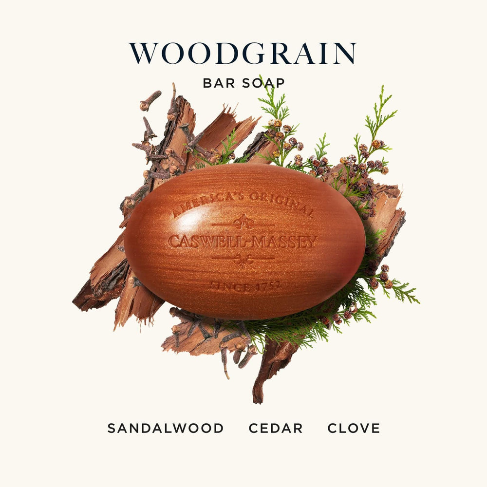 Caswell-Massey Heritage Woodgrain Sandalwood soaps close-up showing triple-milled texture