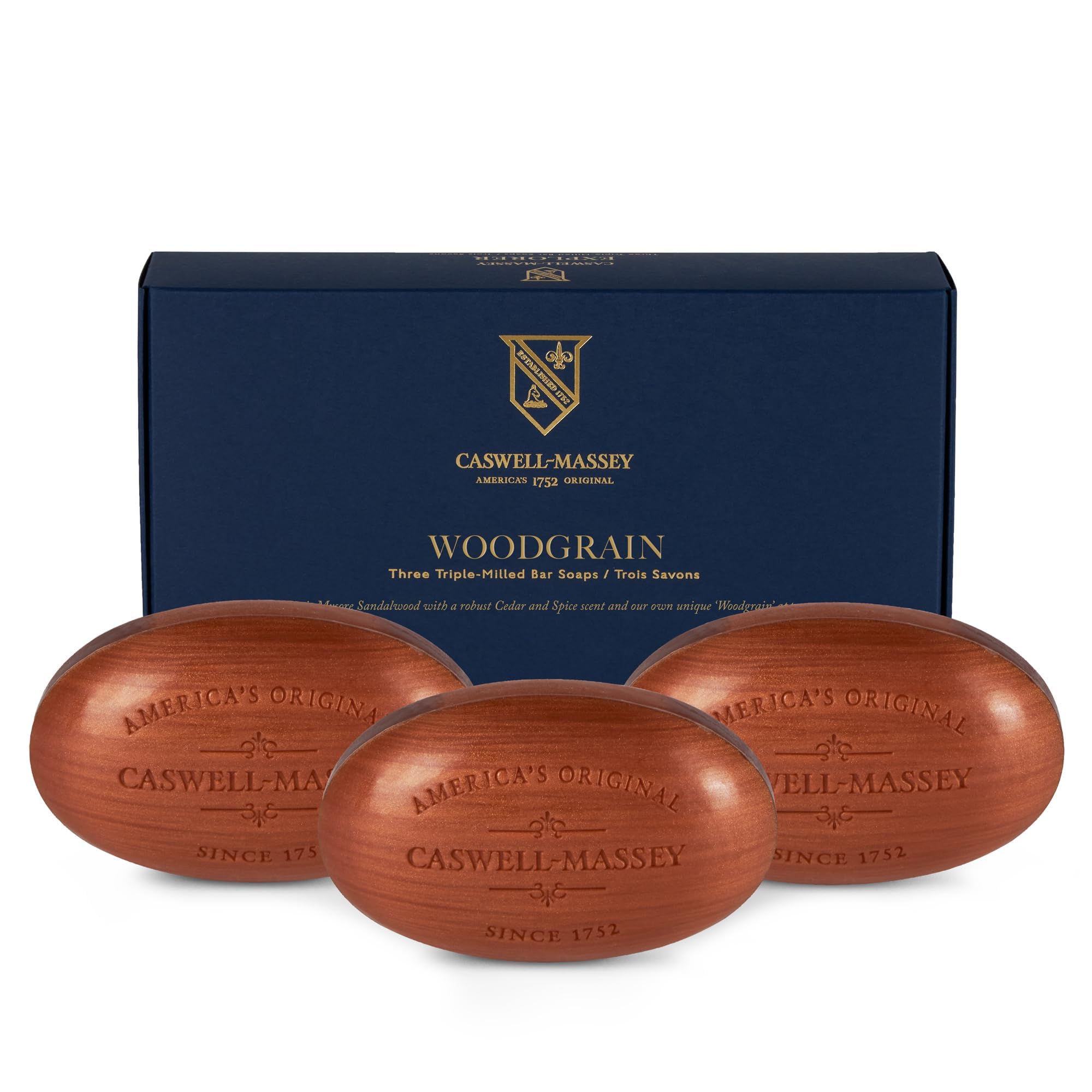 Caswell-Massey Heritage Woodgrain Sandalwood pack front view for daily ritual
