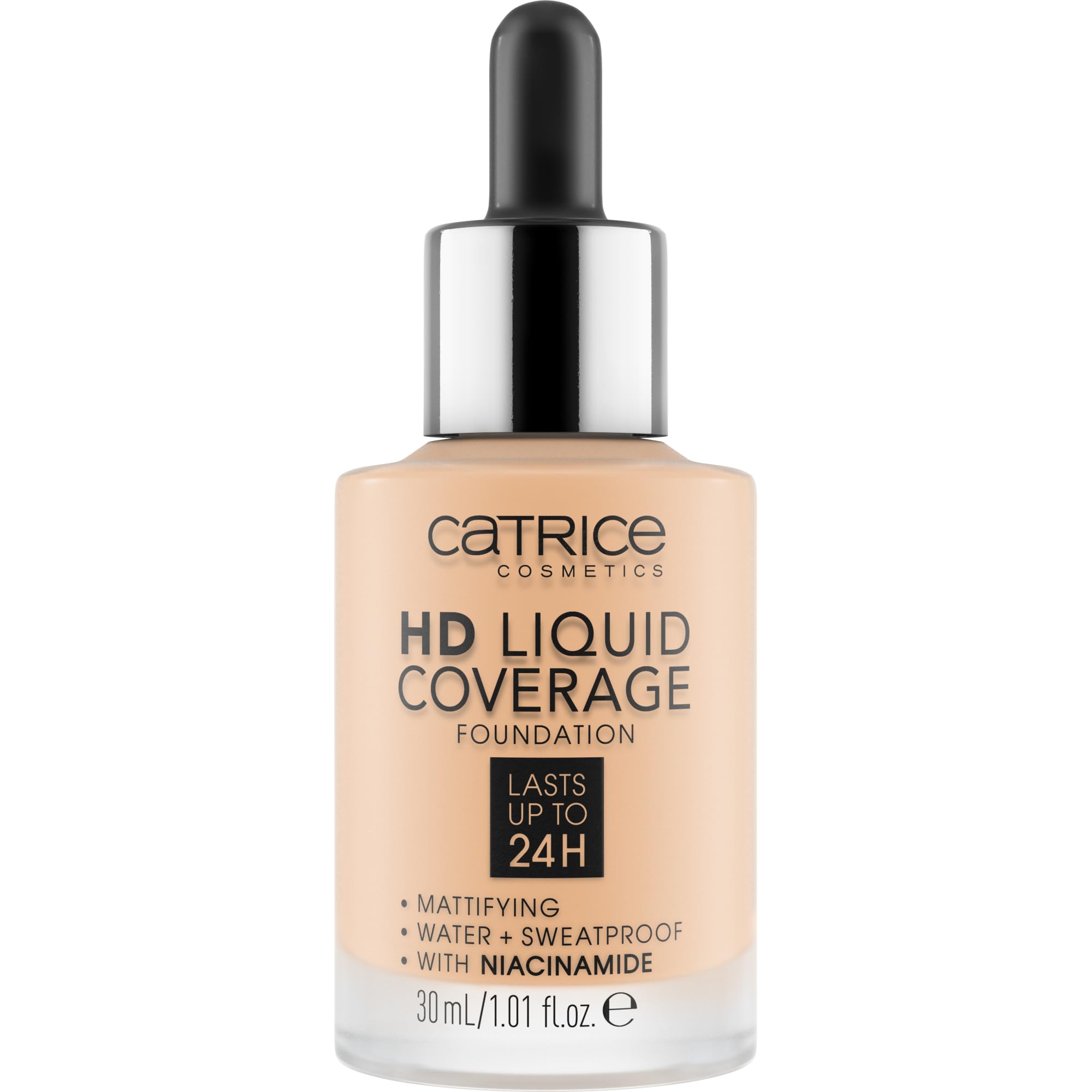 Catrice Fundación HD Liquid Coverage, textura mate que suaviza imperfecciones.