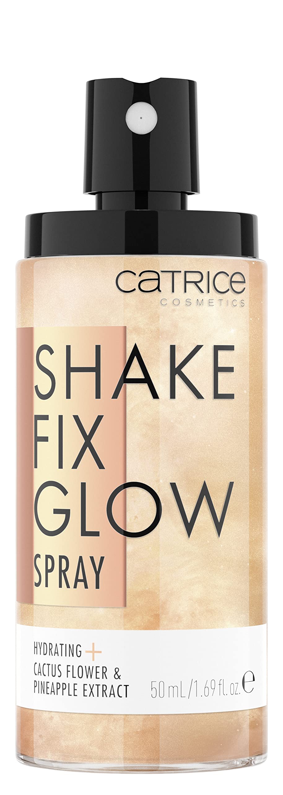 Catrice Shake Fix Glow Spray mist on face demonstrates even, oil-free finish.