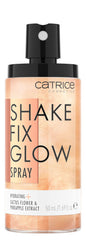 Catrice Shake Fix Glow Spray mist on face demonstrates even, oil-free finish.