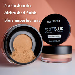 Catrice Soft Blur loose powder swatches reveal translucent-to-natural shades for seamless blur.