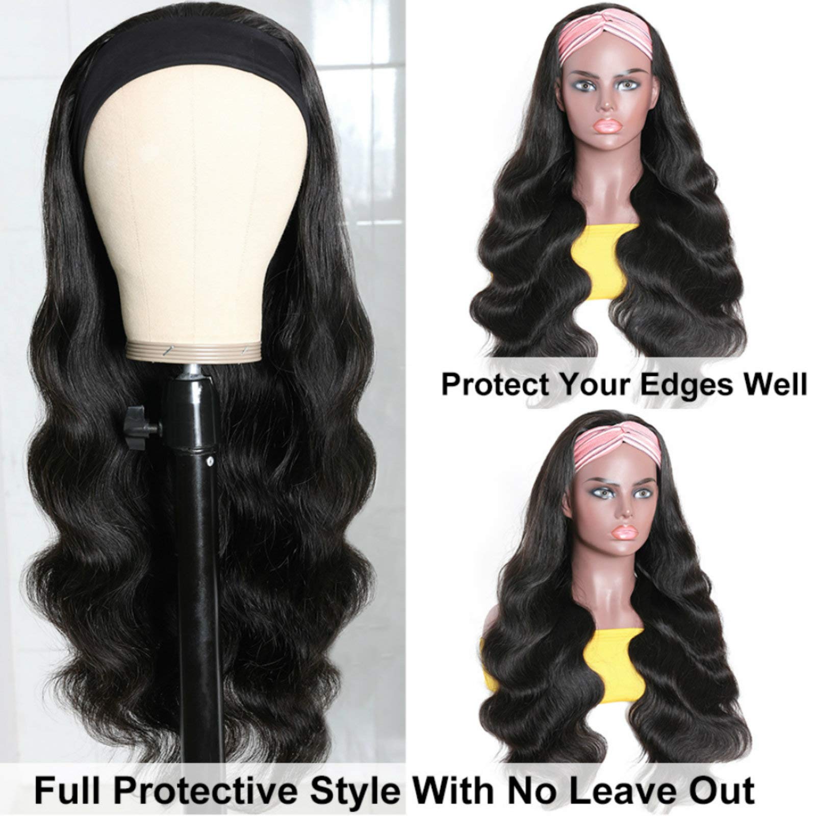Catti headband wig with Velcro snapping and four combs for secure fit.