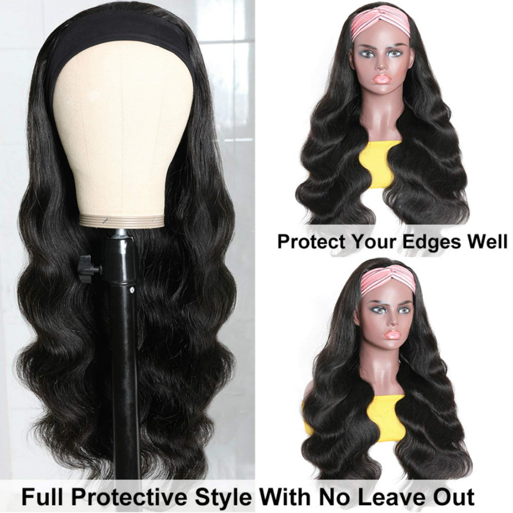 Catti headband wig with Velcro snapping and four combs for secure fit.