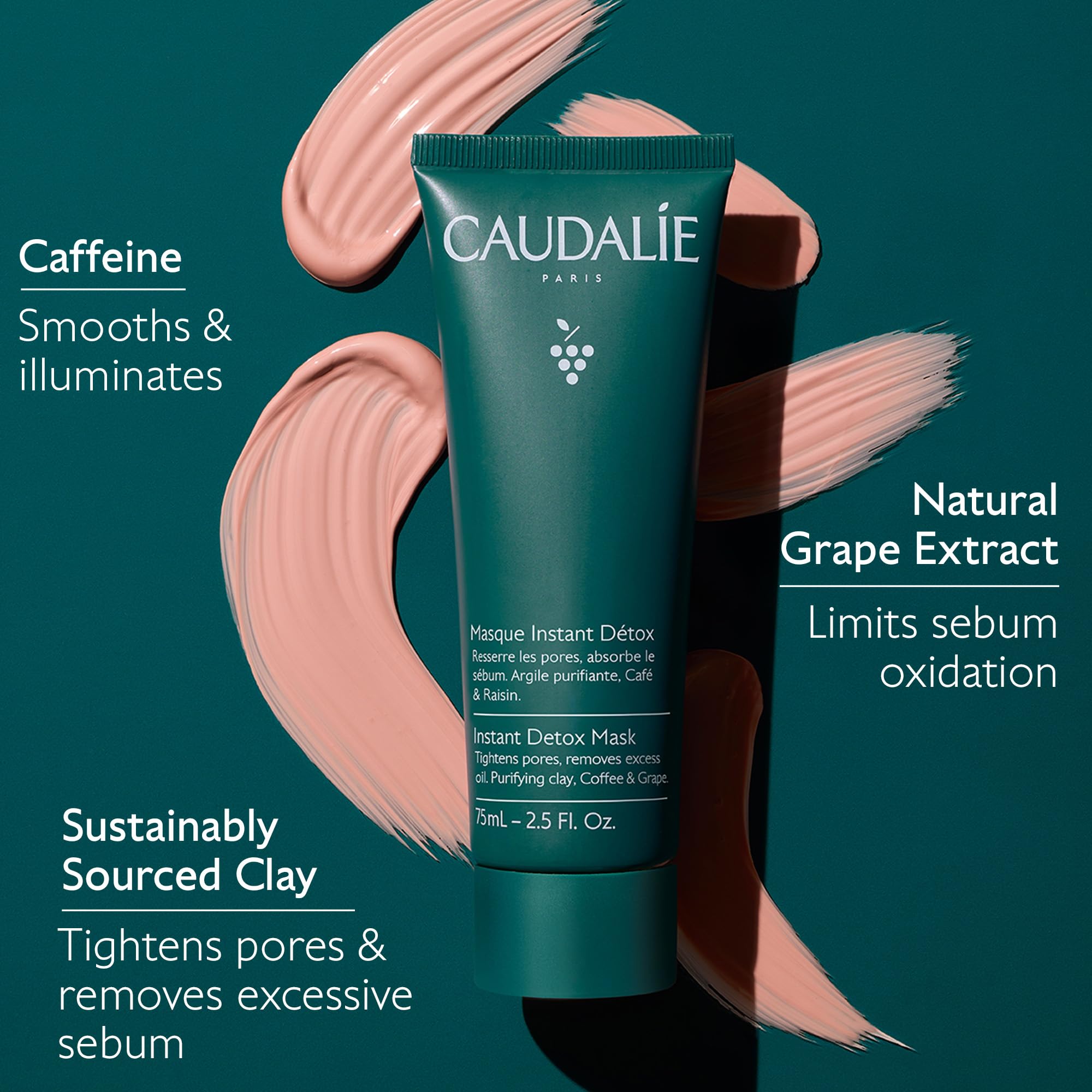 Caudalie mascarilla desintoxicante, color rosado y enjuague sencillo.