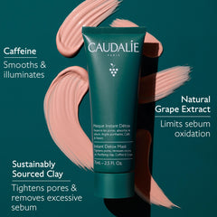 Caudalie mascarilla desintoxicante, color rosado y enjuague sencillo.