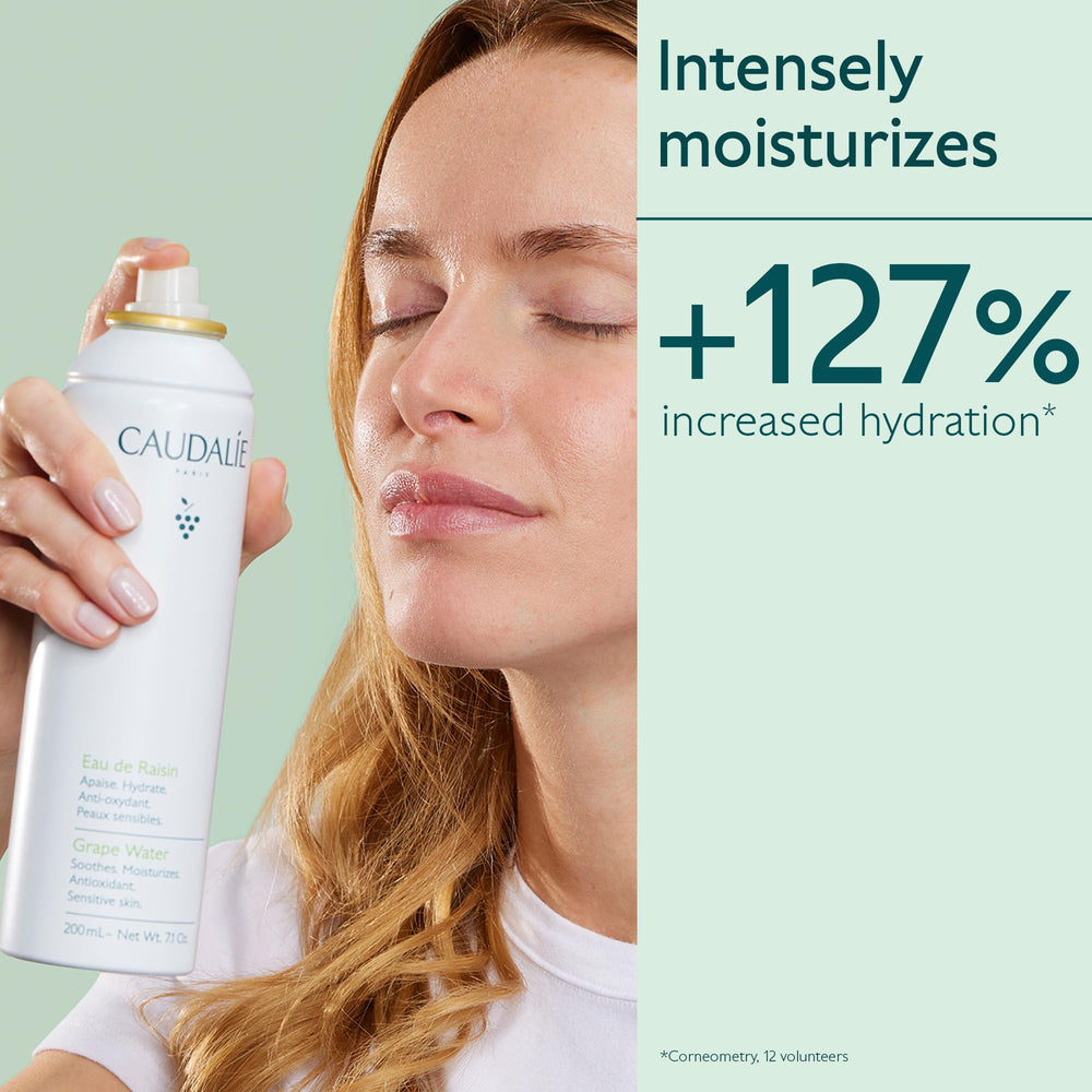 Caudalie Grape Water Mist ingredients close-up showing organic grape water and antioxidants.
