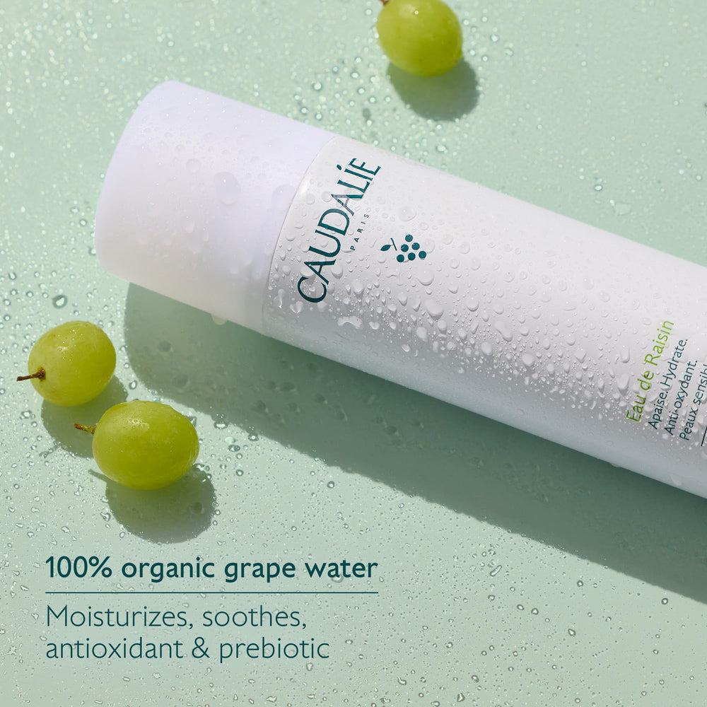 Caudalie Grape Water Mist packaging shot emphasizing safe formulation for sensitive skin.