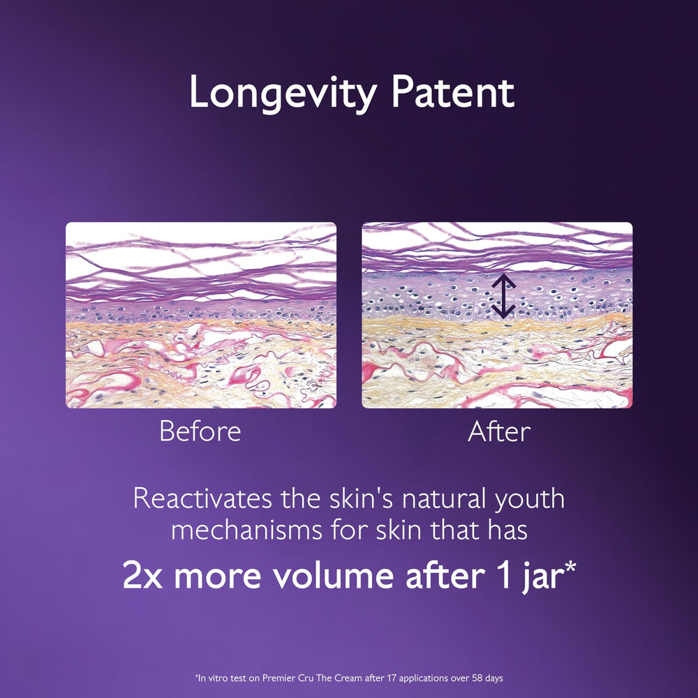 Caudalie Premier Cru longevity patent symbol on packaging signals advanced skincare science.