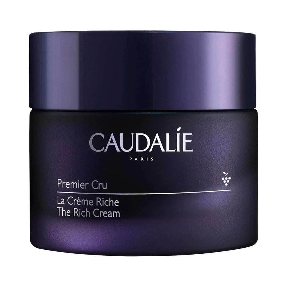 Caudalie Premier Cru Rich Cream jar close-up highlighting barrier repair benefits.