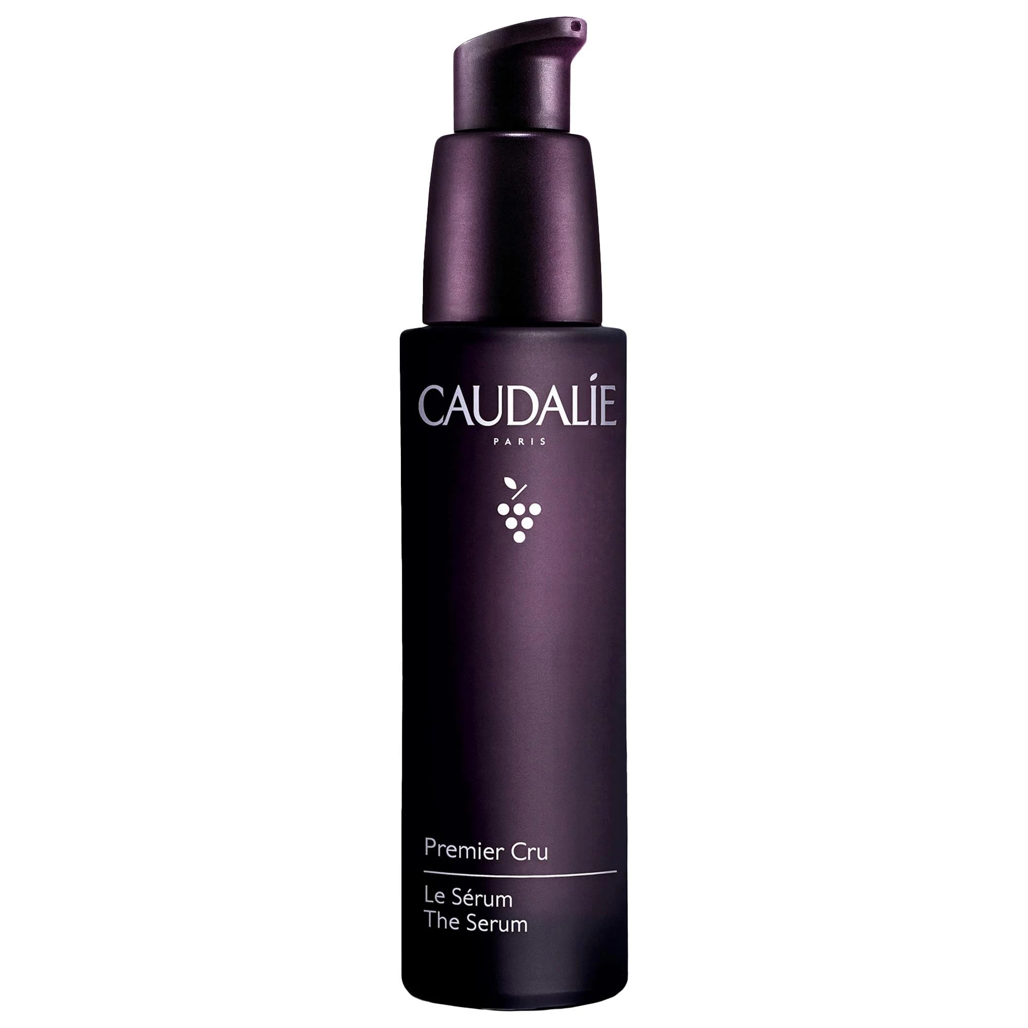 Caudalie Premier Cru serum bottle on vanity for daily anti-aging care.