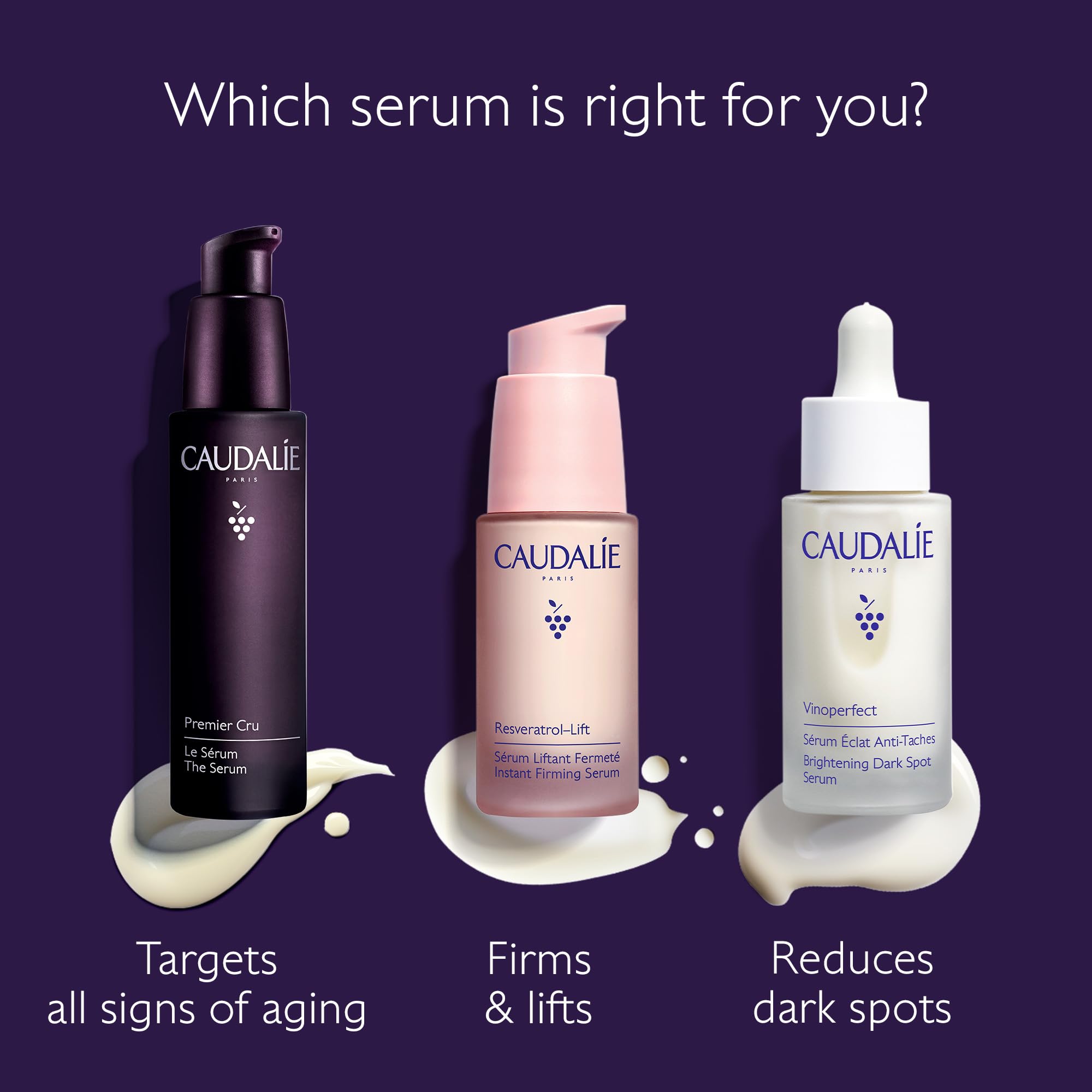 Caudalie Premier Cru serum Longevity Patent graphic highlights multi-target benefits.