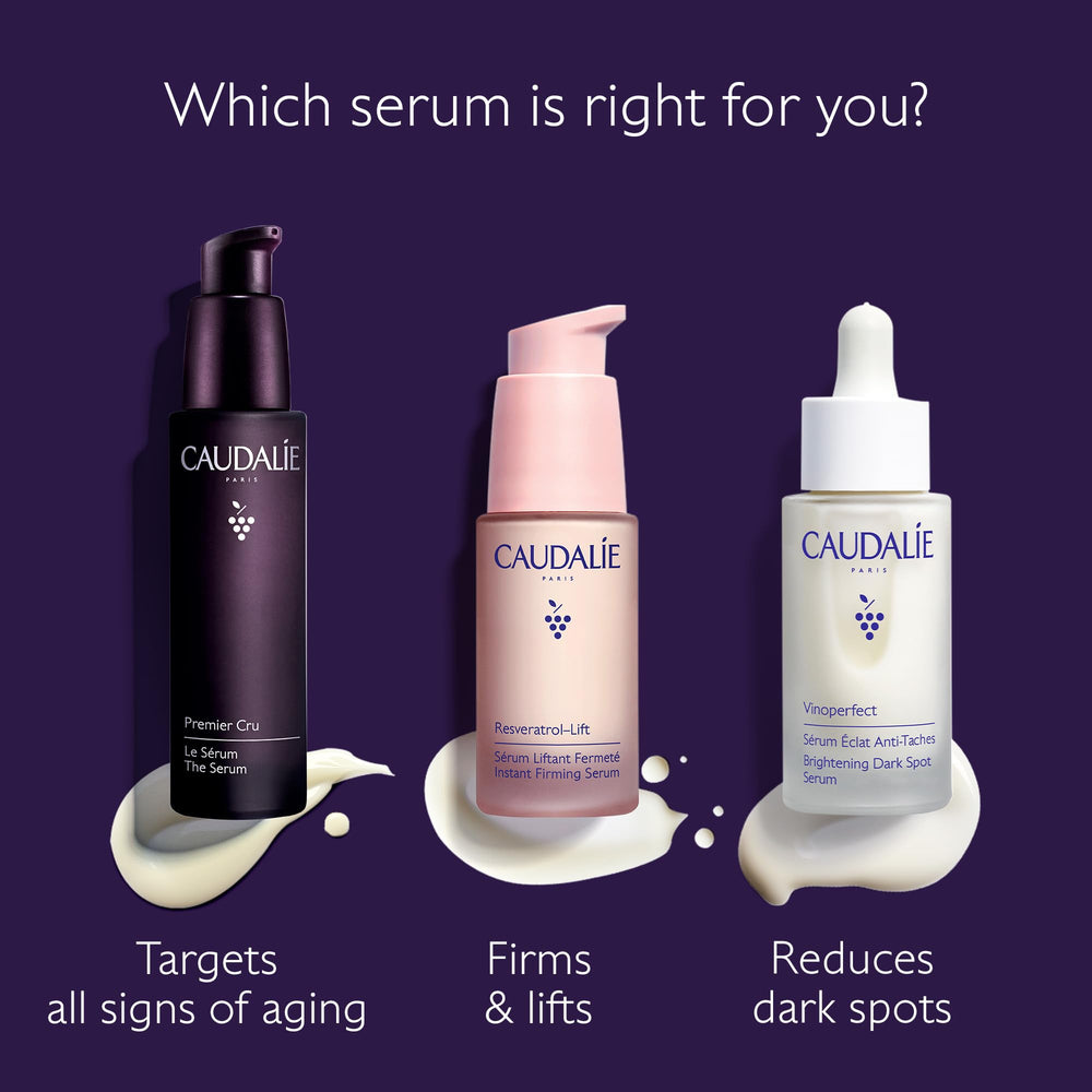 Caudalie Premier Cru serum Longevity Patent graphic highlights multi-target benefits.