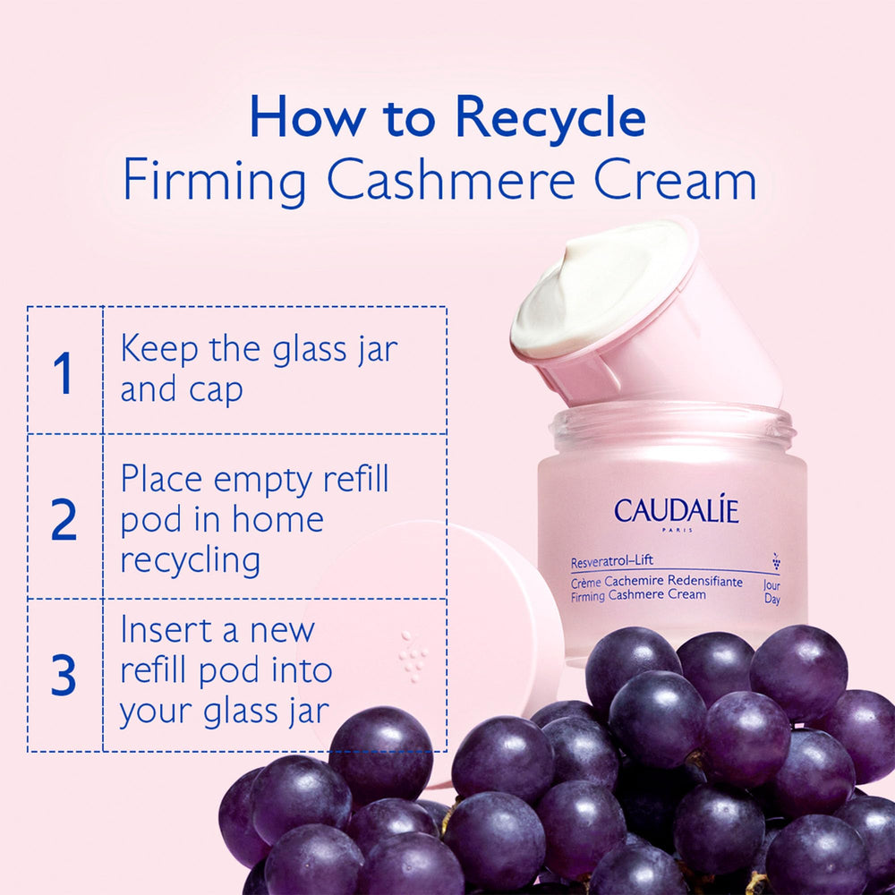 Caudalie Resveratrol-Lift eco-packaging symbol encouraging refill and sustainable use.
