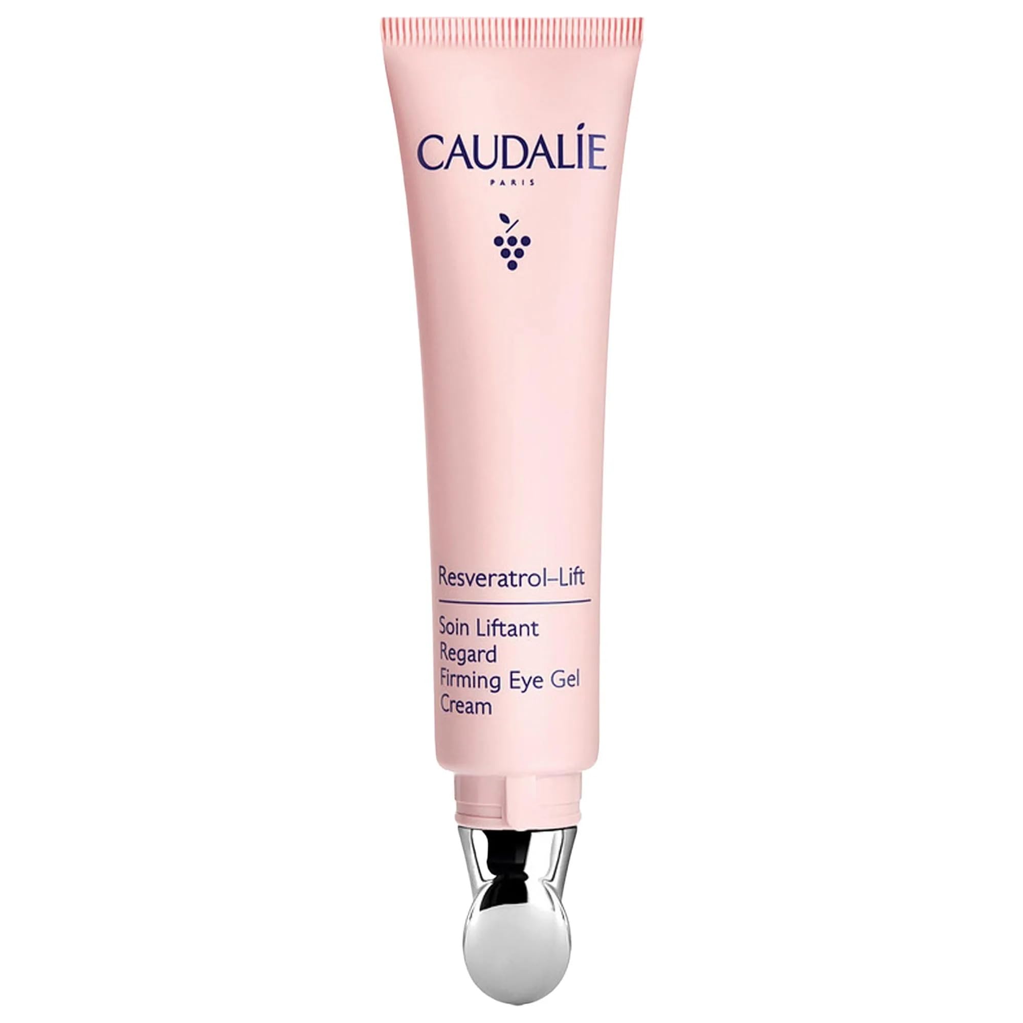 Caudalie Resveratrol-Lift eye gel packaging shown for daily use and smoothing look.
