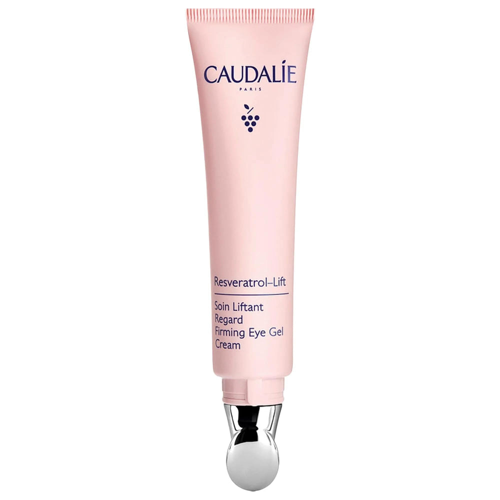 Caudalie Resveratrol-Lift eye gel packaging shown for daily use and smoothing look.