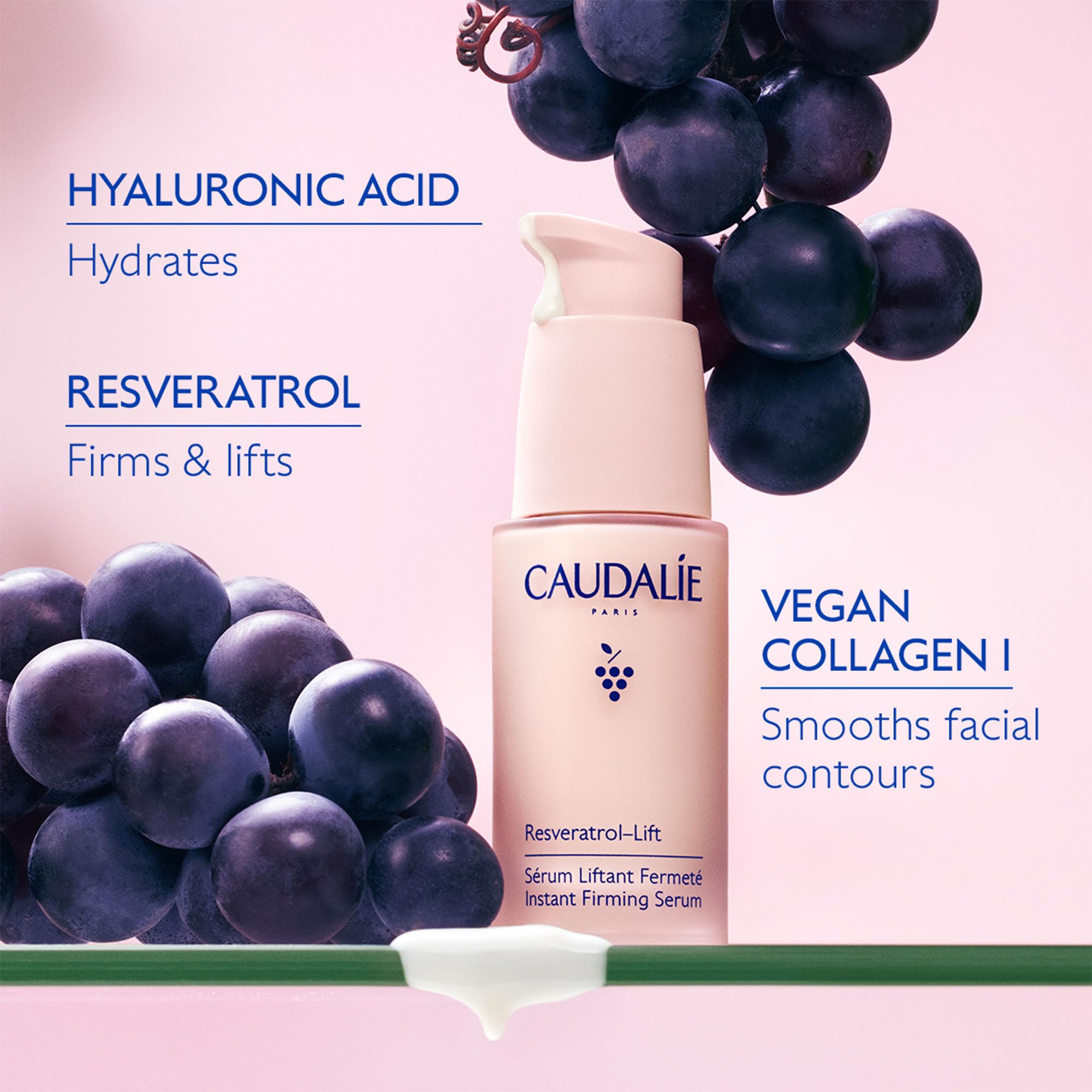 Caudalie Resveratrol Lift serum texture close-up highlighting smooth finish.