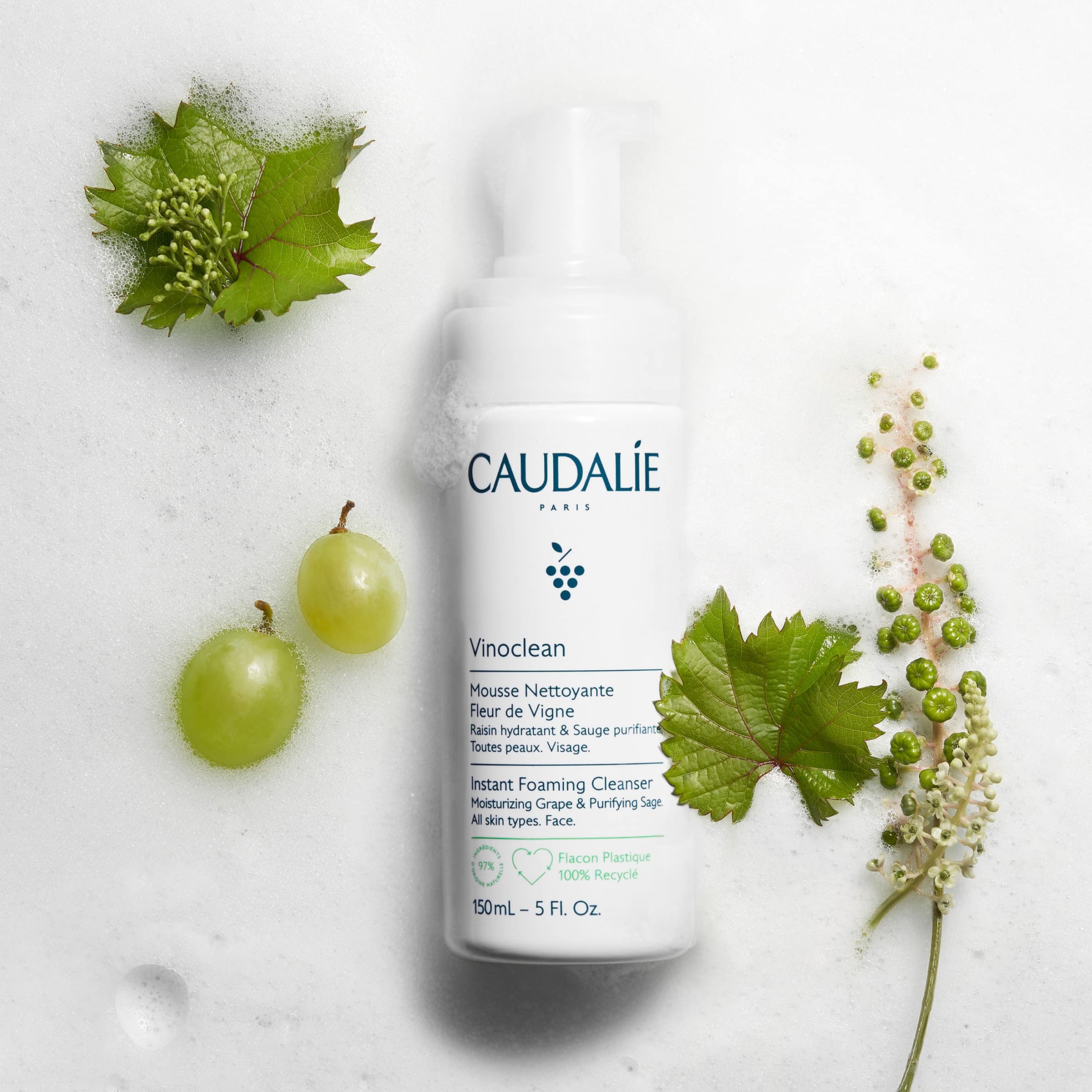 Caudalie Vinoclean foaming-lather closeup showing rich foam for makeup removal.