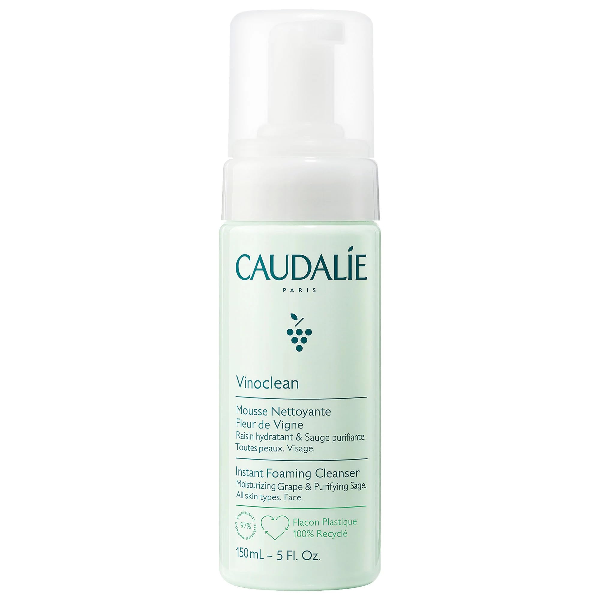 Caudalie Vinoclean Gentle Instant Foaming Cleanser bottle for daily gentle cleansing.