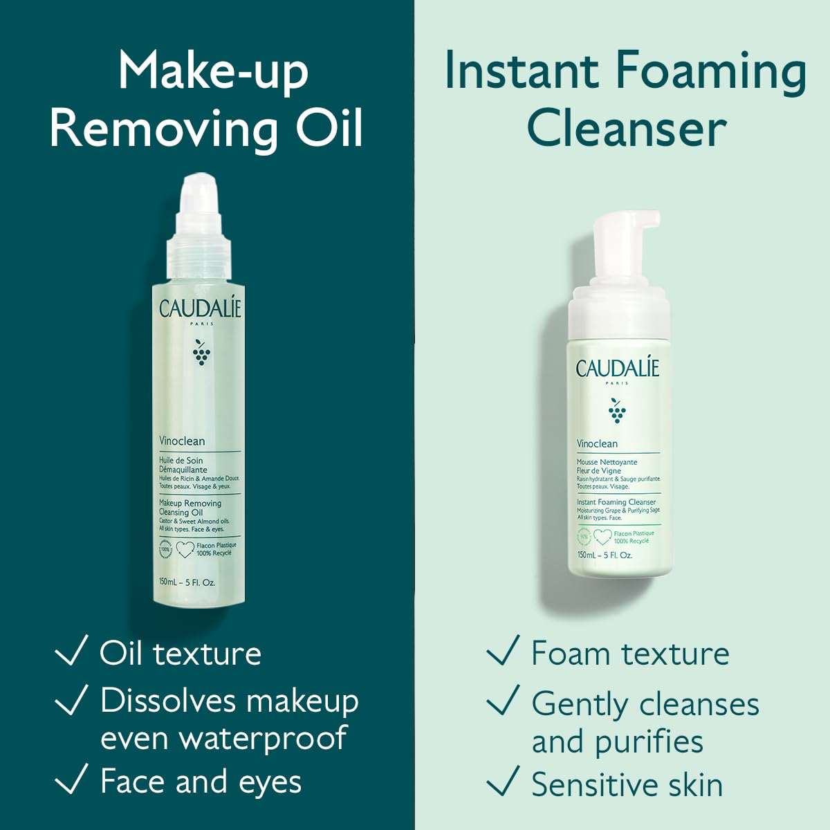 Waterproof makeup dissolves during removal with Vinoclean cleansing oil.